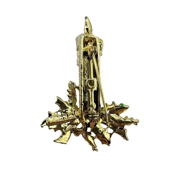Vintage Gold Tone Candle Holly Christmas Brooch Holiday Jewelry Accessory - Picture 7 of 9